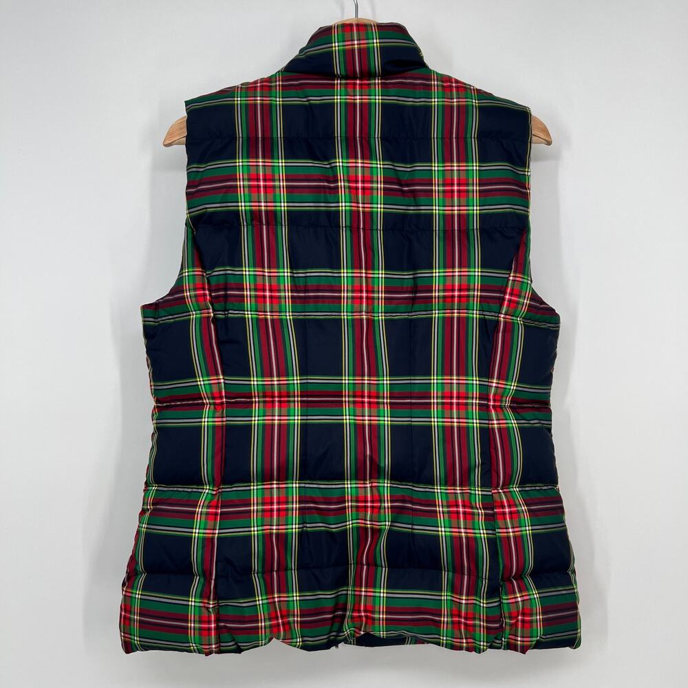Talbots Down Puffer Vest Womens Medium Navy Blue Red Green Plaid Ruffle Full Zip